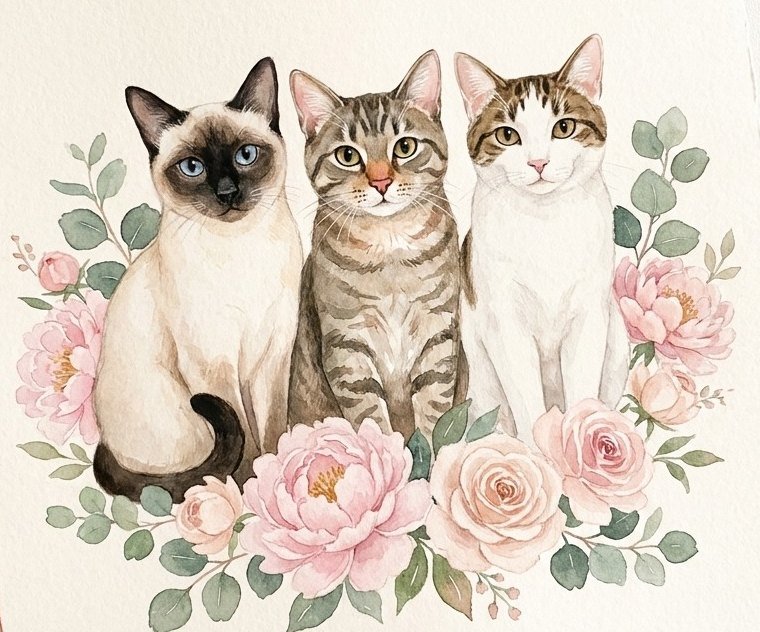 Ilustración en acuarela de tres gatos rodeados de peonías y rosas